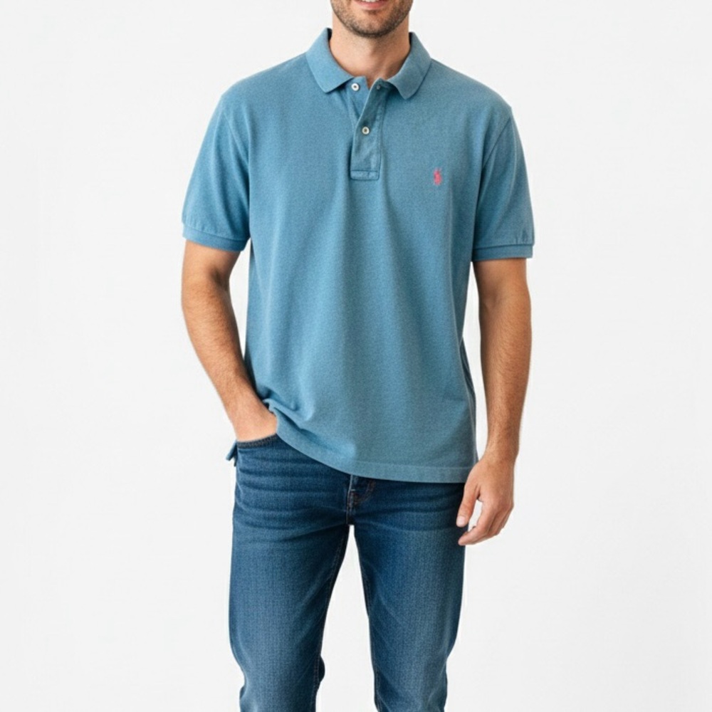 Retro Ralph Lauren Teal Blue Aqua Cotton Polo Shirt Short Sleeve XL Relax Fit
